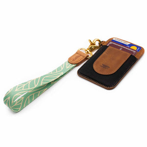 Leaves patterned mint color wrist strap lanyard with keys and slim wallet
