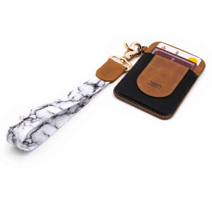 White black marble patterned wrist Lanyard with brown slim keychain wallet