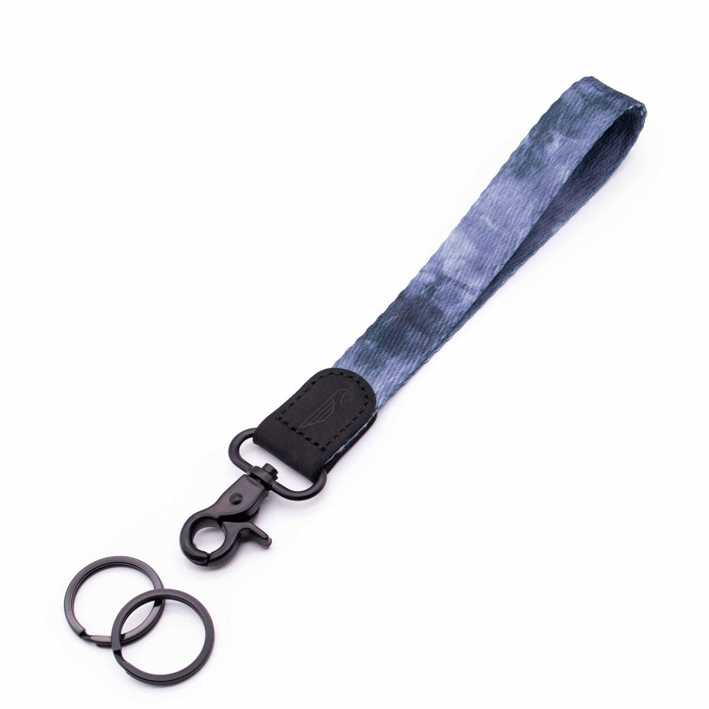 Wrist lanyard midnight navy blue design black leather hardware black metal clasp with 2 key rings