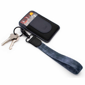 Midnight navy hand wrist lanyard metal clasp with keys and slim navy wallet