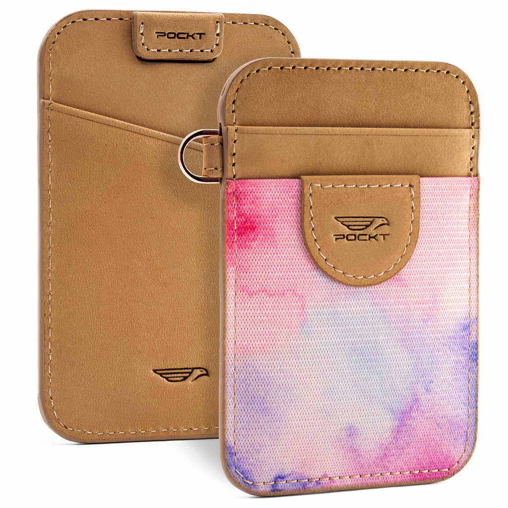 Elastic card holder wallet khaki leather pink front pocket