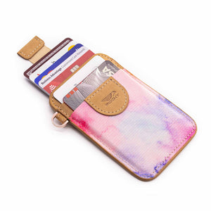 Credit card holder pull tab function pink front pocket with credit cards