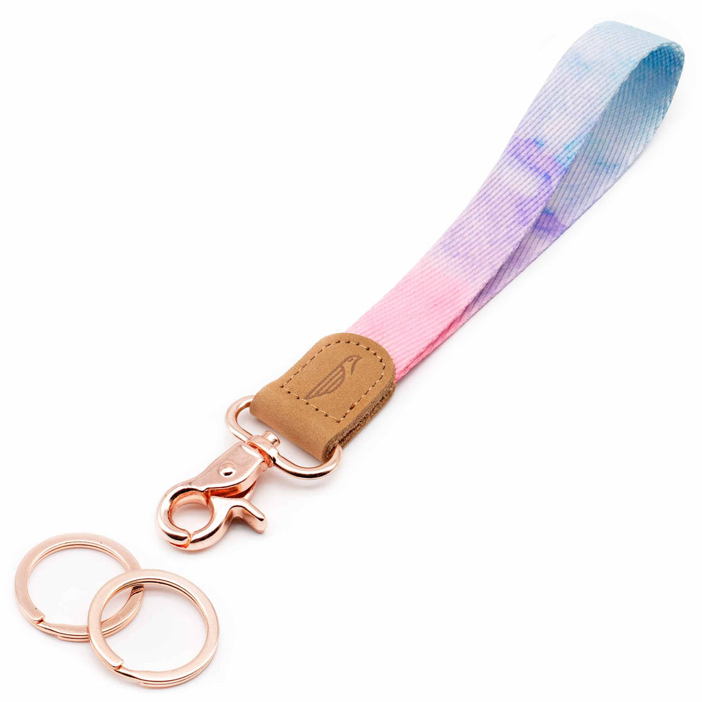 Wrist lanyard pink violet blue design brown leather hardware rose gold metal clasp with 2 key rings
