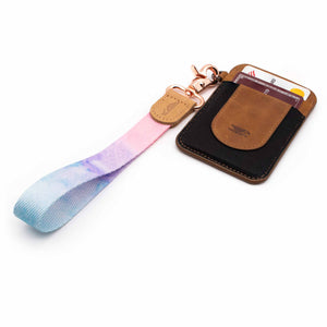Blue pink violet patterned wrist Lanyard with brown slim keychain wallet