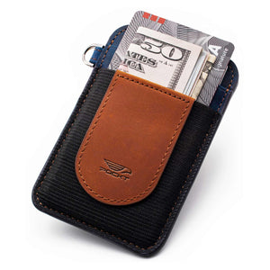 Slim brown navy credit card holder displaying money credit cards on the front pocket