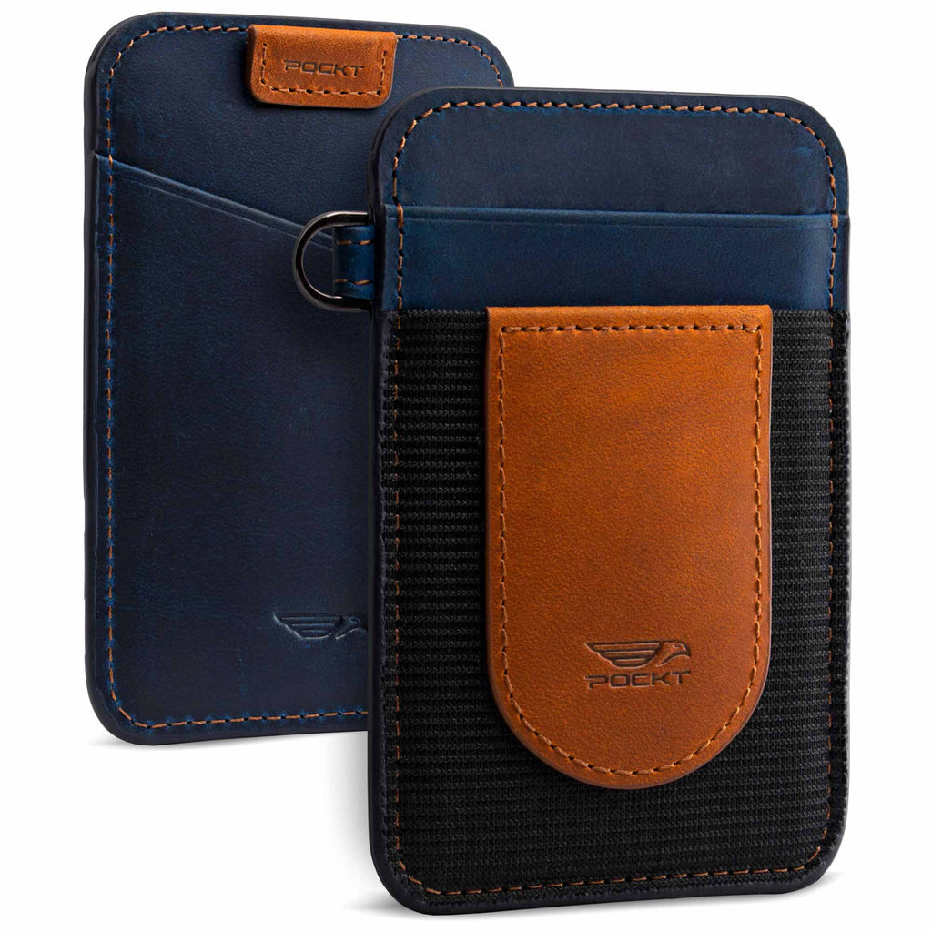 Genuine leather elastic wallet for men brown navy vertical slim design view front and back