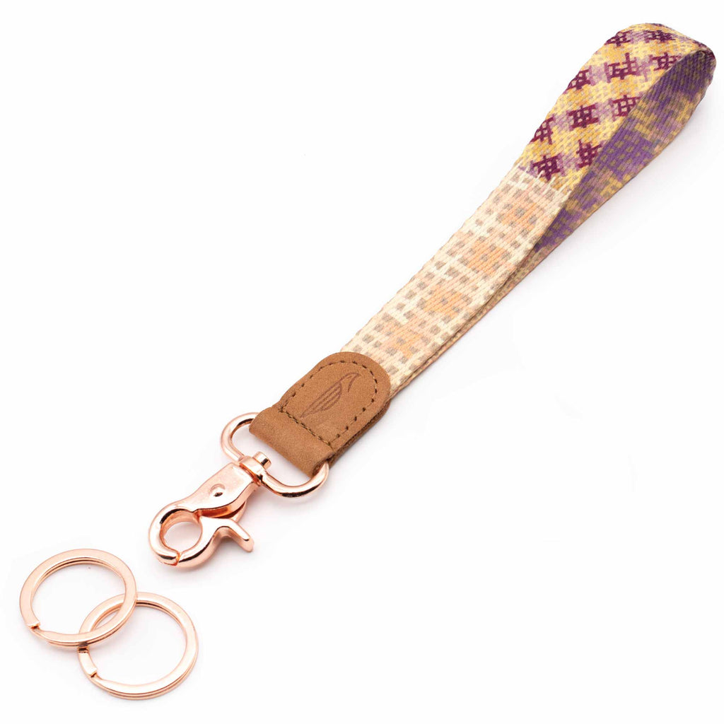 Hand wrist lanyard pink violet purple cream colors brown leather hardware rose gold metal clasp with 2 key rings