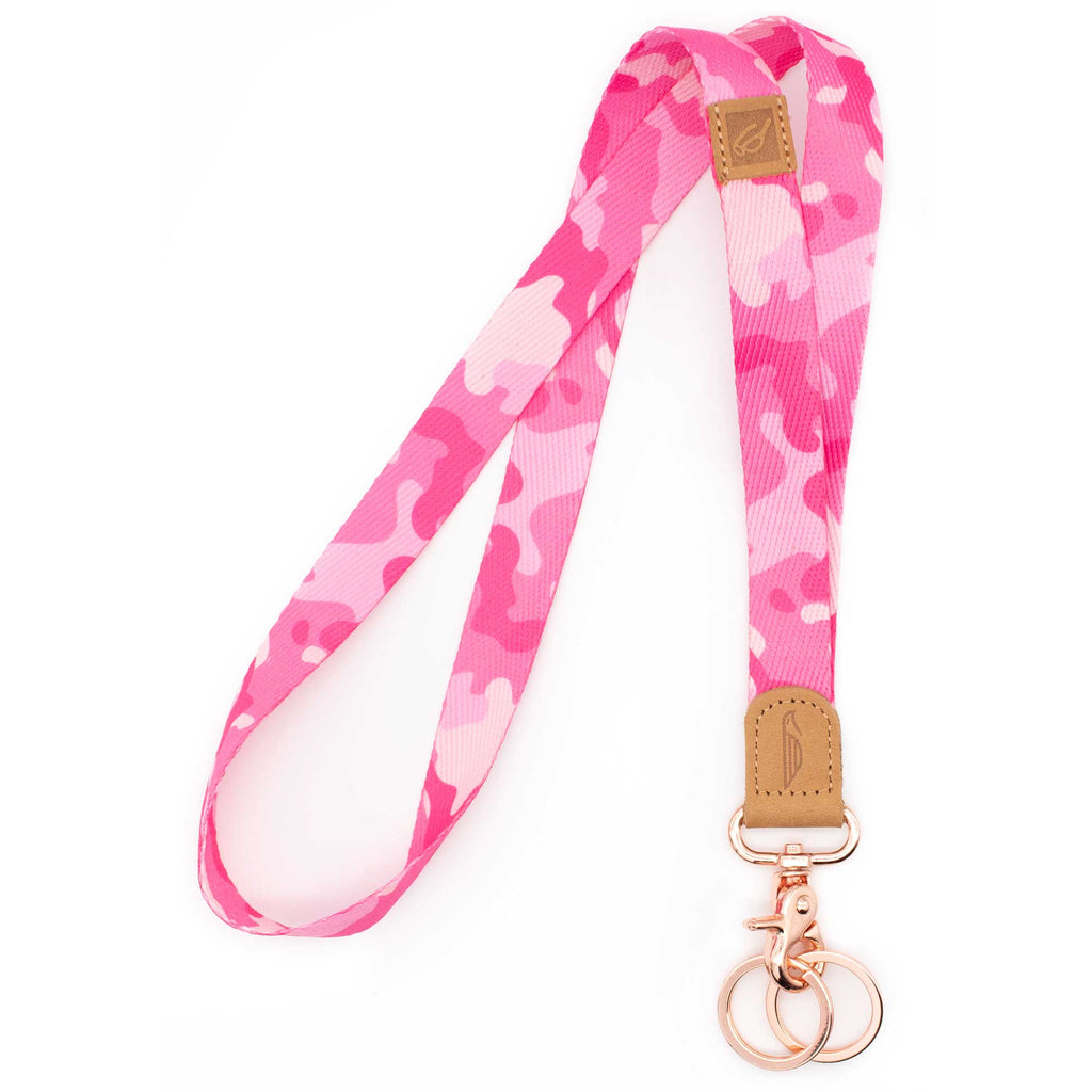 Neck lanyard pink camouflage patterned brown leather hardware rose gold metal clasp with 2 key rings