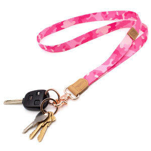 Pink camo patterned neck lanyard with keys and car key