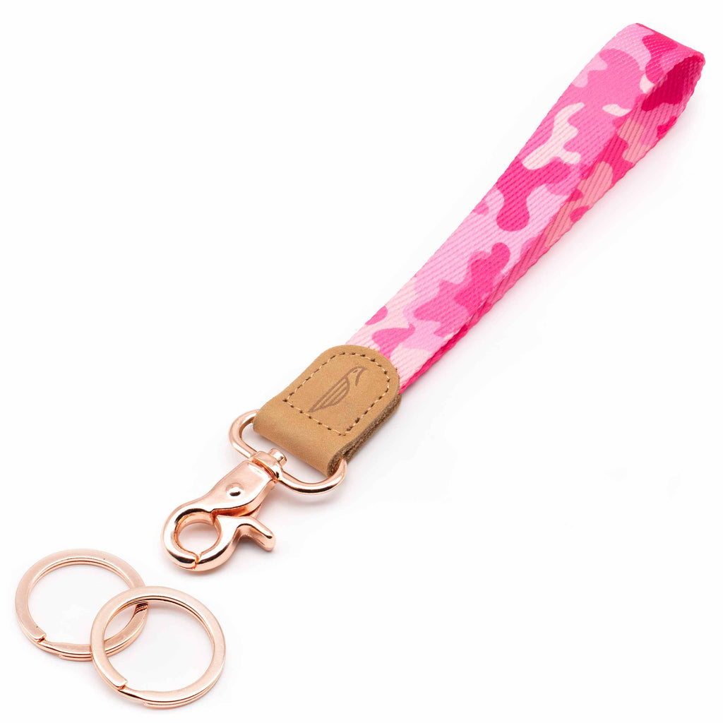 Hand wrist lanyard pink color with camouflage pattern brown leather hardware rose gold metal clasp with 2 key rings