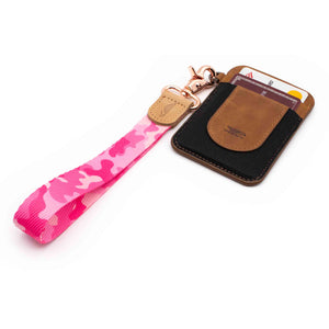 Pink camo hand wrist lanyard with keys and slim keychain wallet