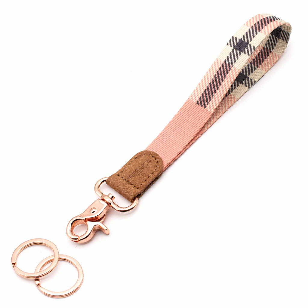 Hand wrist lanyard pink plaid pattern brown leather hardware rose gold metal clasp with 2 key rings