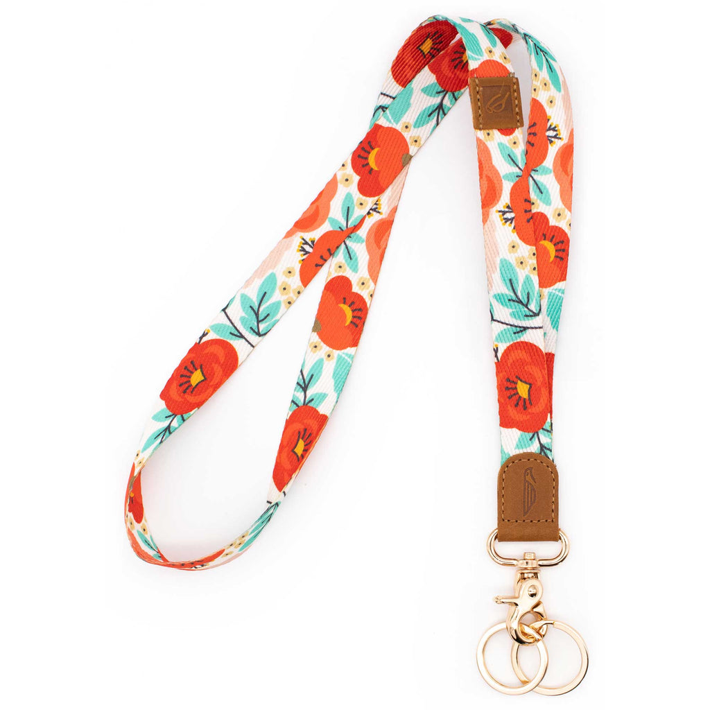 Neck lanyard red blue colored with poppy pattern brown leather hardware gold metal clasp with 2 key rings