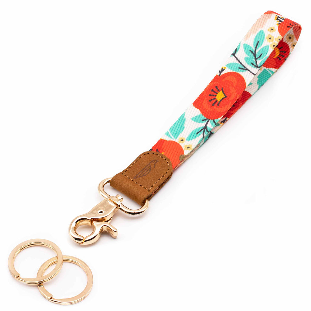 Wrist lanyard red blue poppy floral design brown leather hardware gold metal clasp with 2 key rings