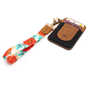 Red blue poppy floral patterned wrist lanyard with brown slim keychain wallet