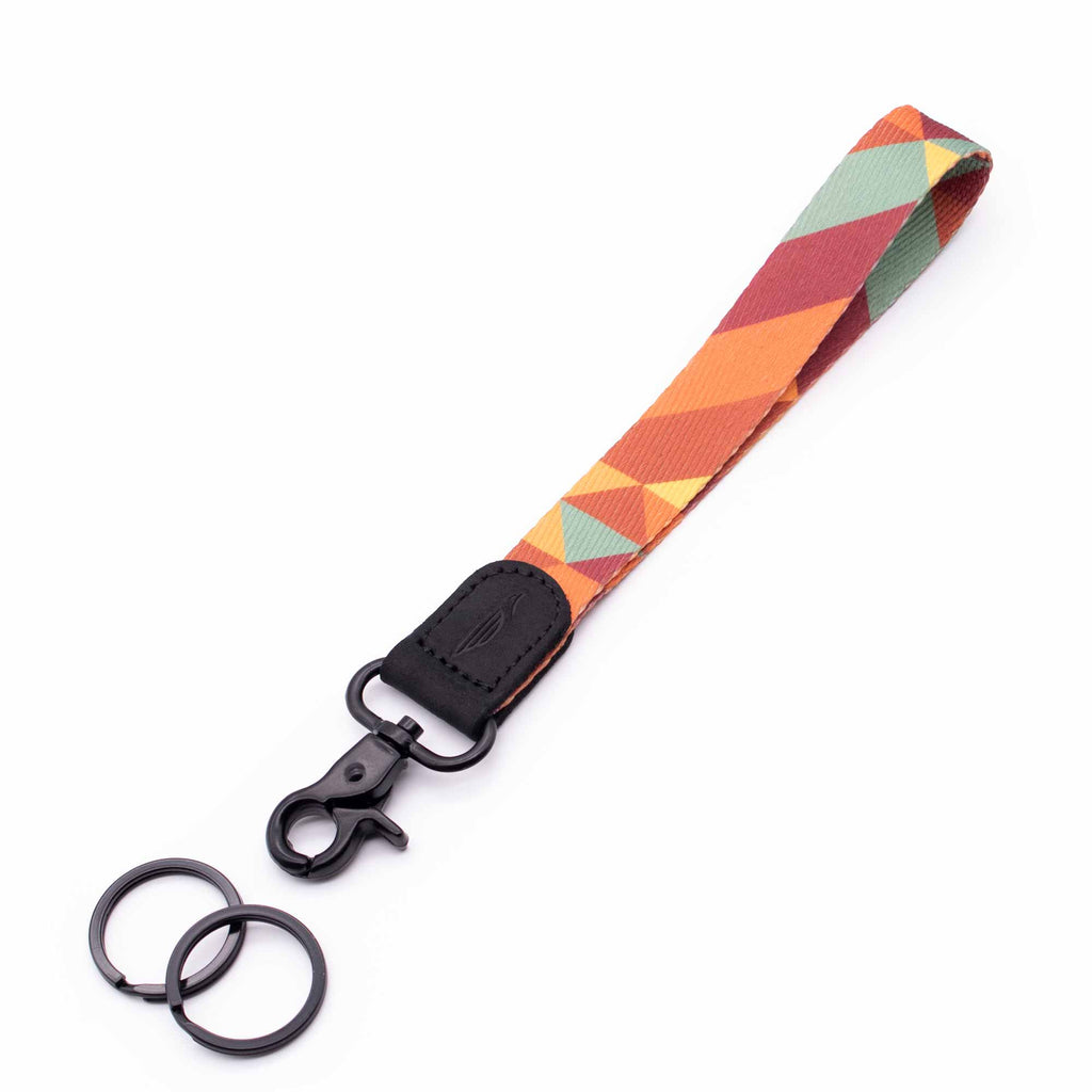 Hand wrist lanyard orange yellow mint red retro colors with black leather hardware metal clasp with 2 black key rings