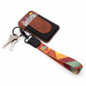 Multi color hand wrist lanyard with retro pattern with keys and cognac brown slim wallet