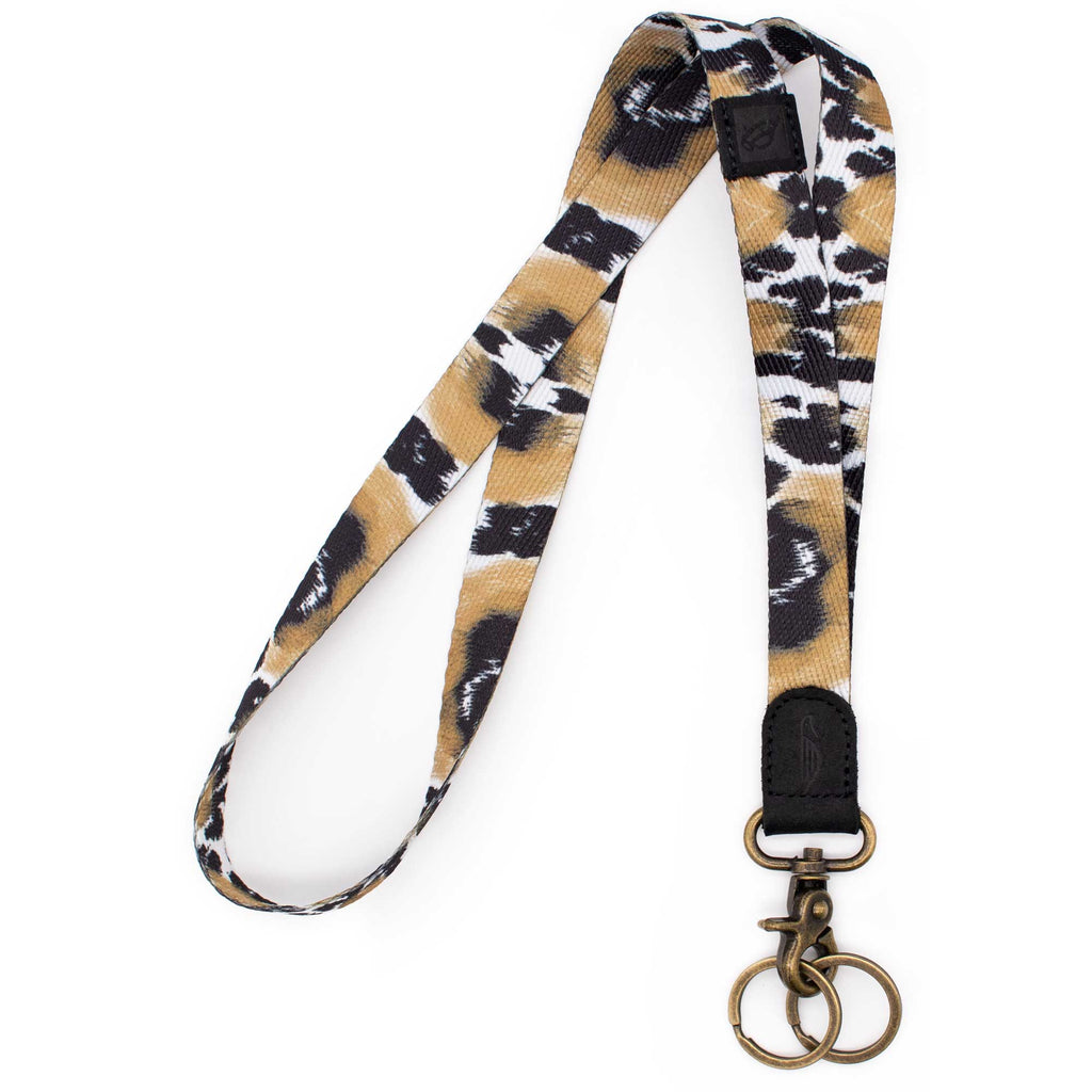 Neck lanyard black brown colored with leopard pattern black leather hardware vintage metal clasp with 2 key rings