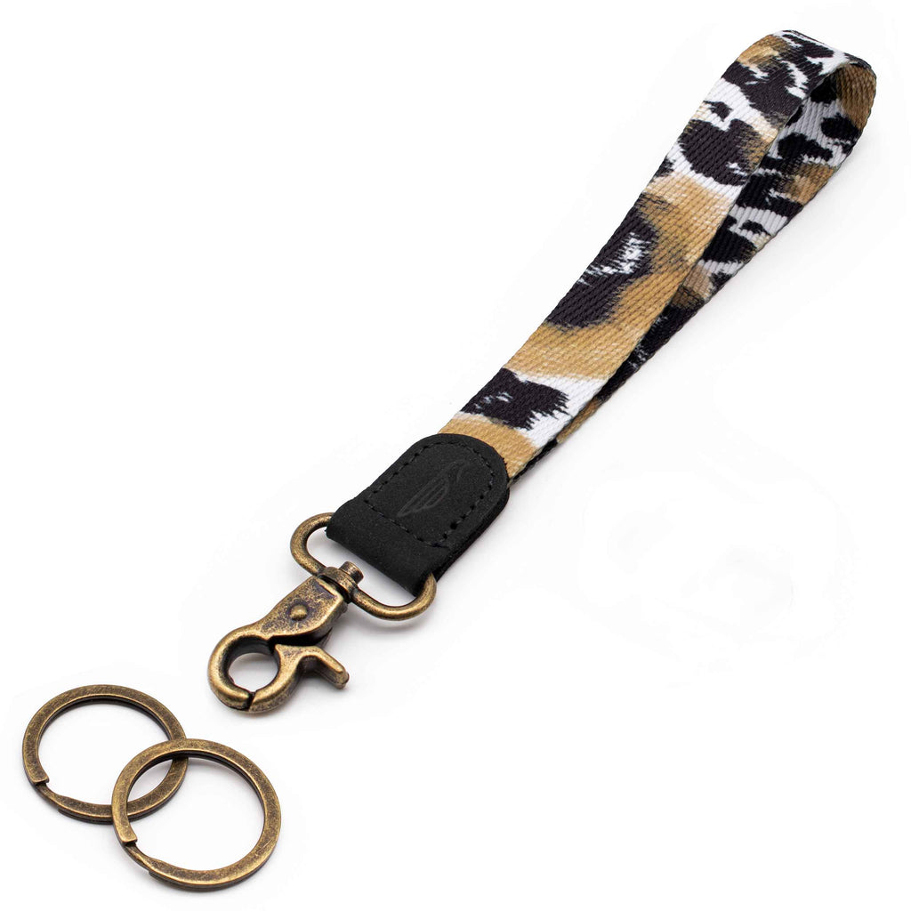 Wrist lanyard black brown white leopard design black leather hardware vintage metal clasp with 2 key rings
