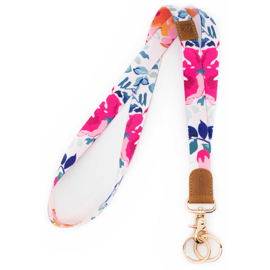 Neck lanyard pink blue orange colored with floral pattern brown leather hardware gold metal clasp with 2 key rings