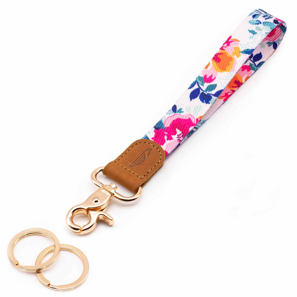 Wrist lanyard orange pink navy floral design brown leather hardware gold metal clasp with 2 key rings