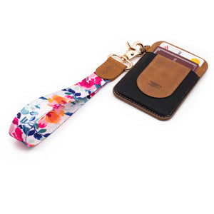 Pink orange blue floral patterned wrist Lanyard with brown slim keychain wallet