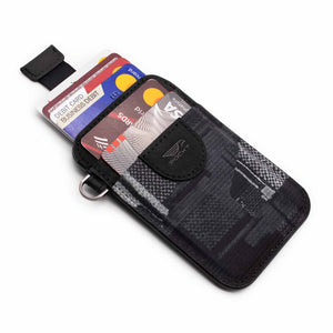 Black credit card holder wallet pull tab function with credit cards