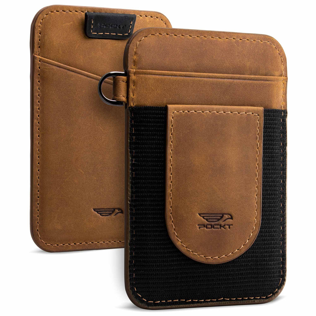 Genuine leather elastic wallet for men tan brown vertical slim design view front and back