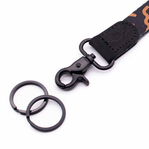 Close up lanyard with 2 metal key rings black leather black brown fabric