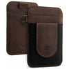 Genuine leather elastic wallet for men brown vertical slim design view front and back
