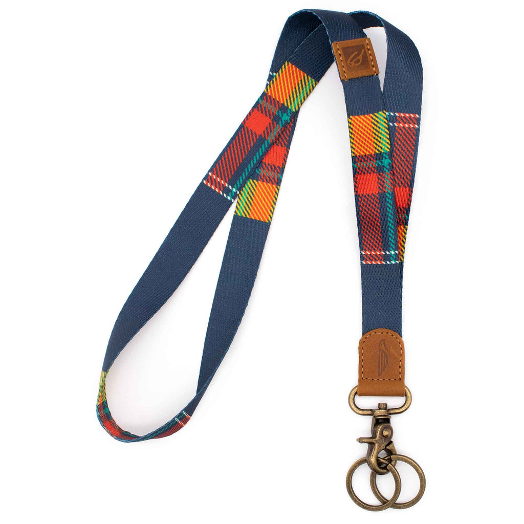 Neck lanyard navy with red yellow plaid pattern brown leather hardware vintage metal clasp with 2 key rings