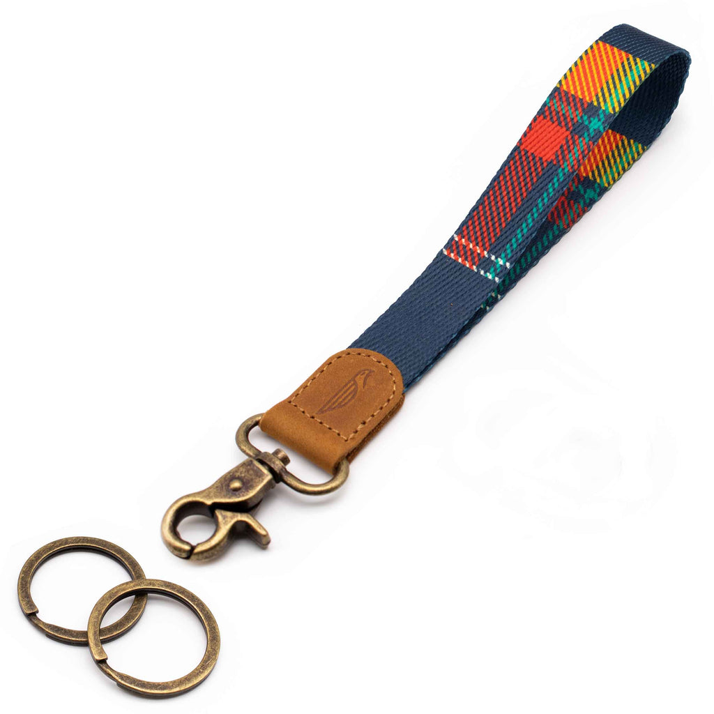 Wrist lanyard navy red yellow plaid design brown leather hardware vintage metal clasp with 2 key rings