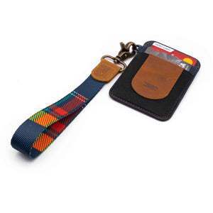Navy red yellow plaid patterned wrist Lanyard with brown navy slim keychain wallet