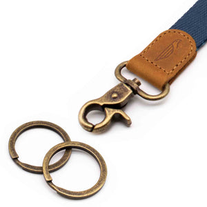 Close up lanyard with 2 vintage metal key rings brown leather navy color fabric